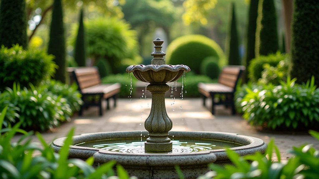 Fuente de agua decorativa en el centro de un jardín del cementerio rodeada de plantas y bancos de descanso