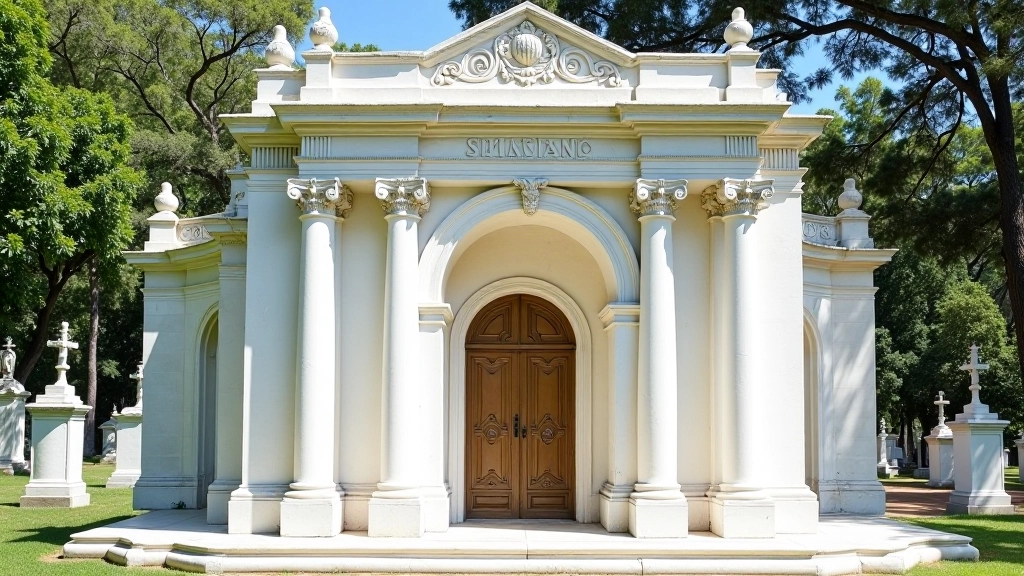 Capilla de mausoleo con arcos de piedra blanca, decoraciones neoclásicas y puerta de bronce patinado