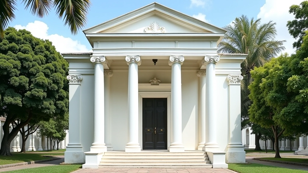 Fachada de mausoleo de estilo neoclásico con columnas dóricas y inscripciones de mármol blanco