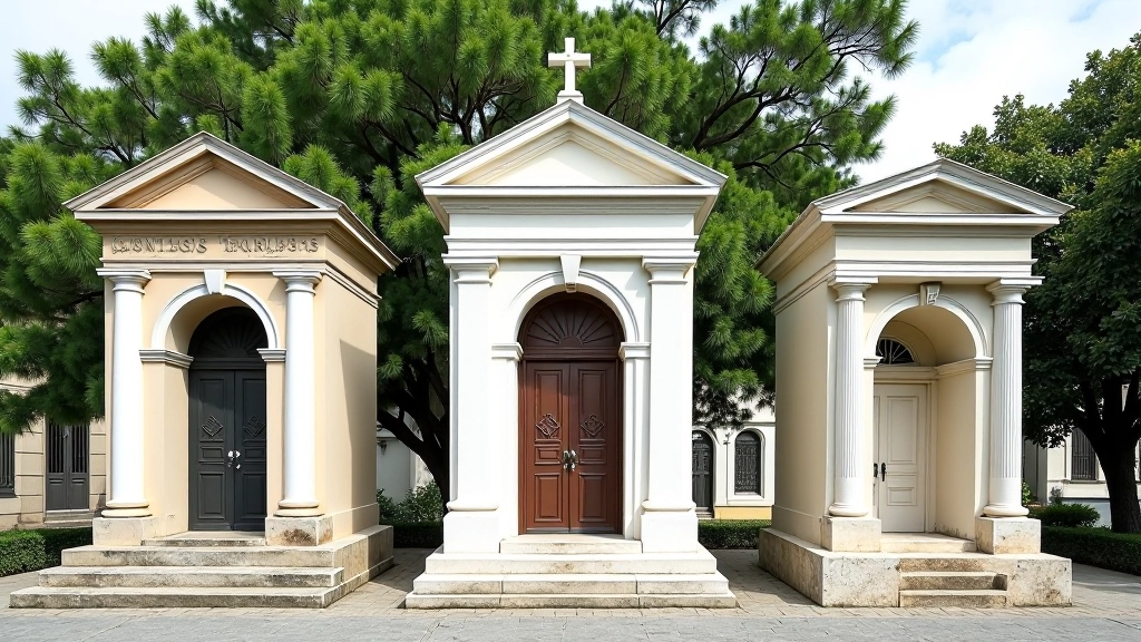 Comparación de tres estilos arquitectónicos: mausoleos neoclásico, ecléctico y art déco lado a lado
