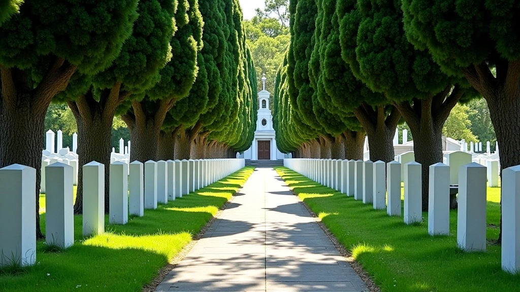 Sendero principal del cementerio con lápidas de mármol blanco y árboles centenarios proporcionando sombra